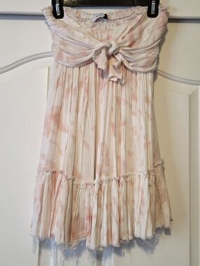 Strapless Pleated Tie-Front Sundress Pink Tie-dye Sz. M